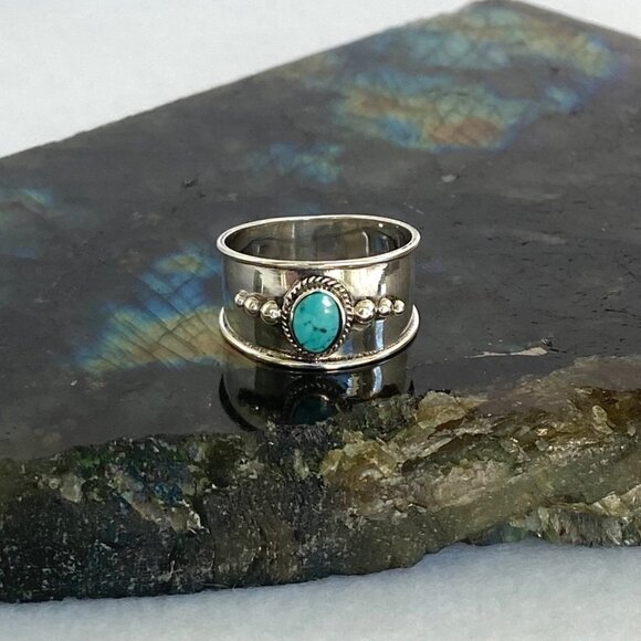 Sterling Silver 925 Oval Bezel Set Turquoise Cabochon Cigar Band Ring Sz 6.75 - Picture 5 of 16